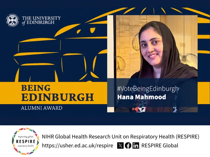 University of Edinburgh logo and sketch of McEwan Hall overlaid with a photograph of Hana Mahmood. Text reads: Being Edinburgh Alumni Award #VoteBeingEdinburgh