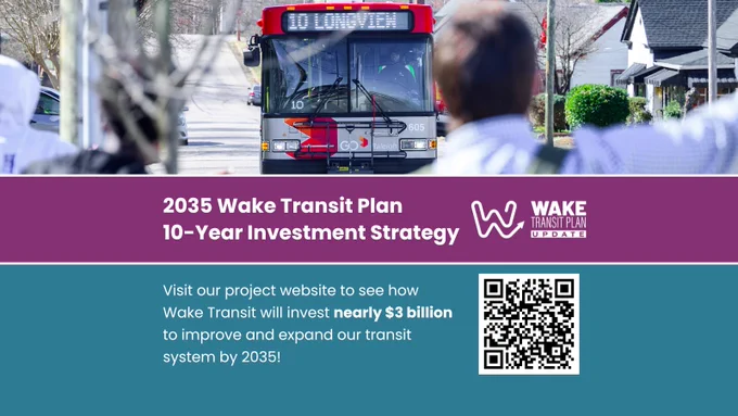 Graphics featuring image of a GoRaleigh bus being waved down my a passenger.  English text reading, "2035 Wake Transit Plan 10-Year Investment Strategy." Wake Transit Plan logo. Further reads, "Visit our project website to see how Wake Transit will invest nearly $3 billion to improve and expand our transit system by 2035!" Features QR to url found in post copy.