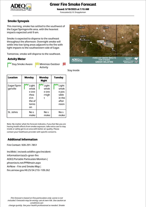 Smoke outlook for the Greer Fire Area for May 19th, 2025