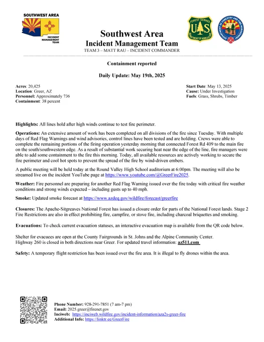 A screenshot of the Daily Update for the Greer Fire for May 19th, 2025