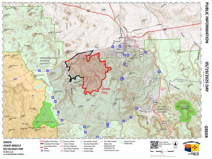 Public information map for the Greer Fire for May 19th, 2025