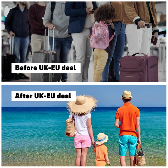Photo of people in a queue, text reads: Before UK-EU deal. Photo of family on the beach, text reads: after UK-EU deal. 