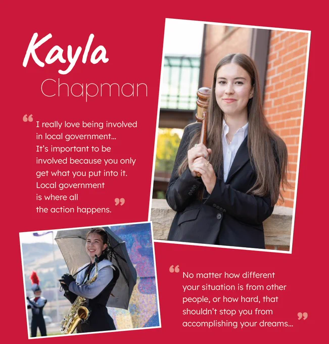 Portrait collage of Kayla Chapman with quotes about government involvement and perseverance, shown in leadership and band settings.