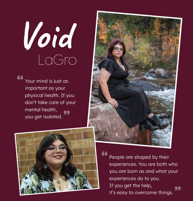Portrait collage of Void LaGro with quotes on mental health and resilience, shown seated by a river and smiling near a brick wall.