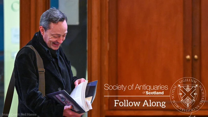 Person smiling looking at a book. The text: "Society of Antiquaries of Scotland" and "Follow Along" are also on the image