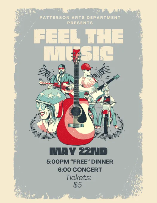 New flyer FEEL THE MUSIC May 22nd dinner 5pm free  show 6pm tickets $5