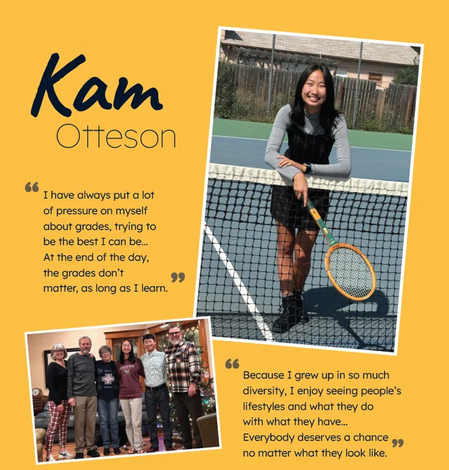 Portrait collage of Kam Otteson with quotes on learning and diversity, shown on a tennis court and with family in a cozy home setting.