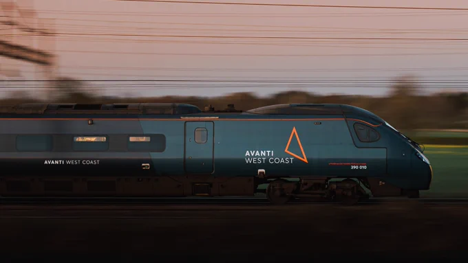 An Avanti West Coast Pendolino train in motion, captured at sunset with a blurred background of countryside and power lines.
