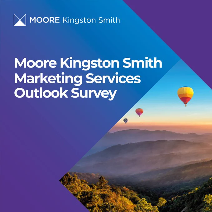 "A promotional image for the Moore Kingston Smith Marketing Services Outlook Survey. The image features a purple and blue geometric background with the text 'Moore Kingston Smith Marketing Services Outlook Survey' in white. In the bottom right corner, there is a scenic photograph of hot air balloons floating over a mountainous landscape during sunrise or sunset."


