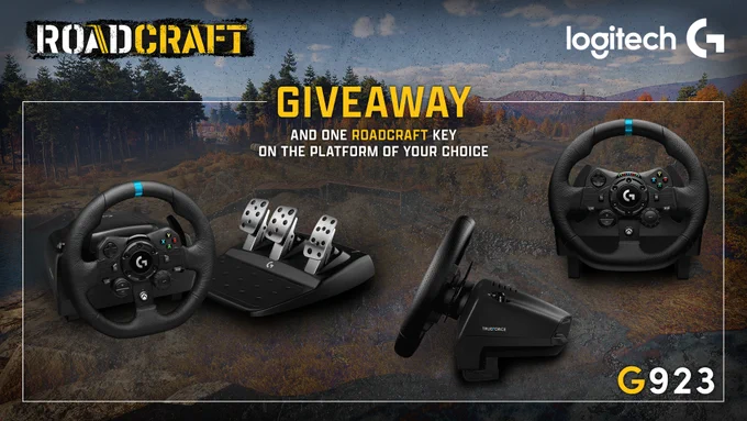Image promoting a Logitech G923 racing wheel giveaway for Roadcraft, featuring steering wheel, pedals, and Trueforce technology.