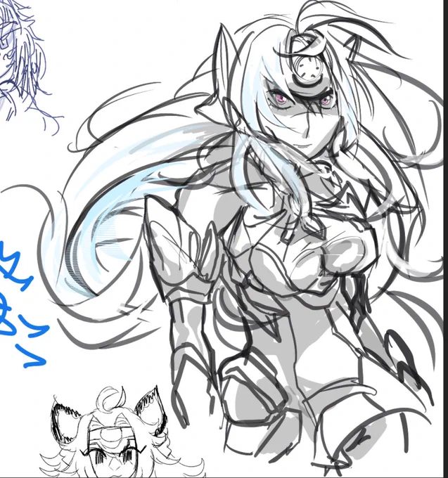 Kos-mos (xenosaga) standing with an intense look on her face , hair billowing around her