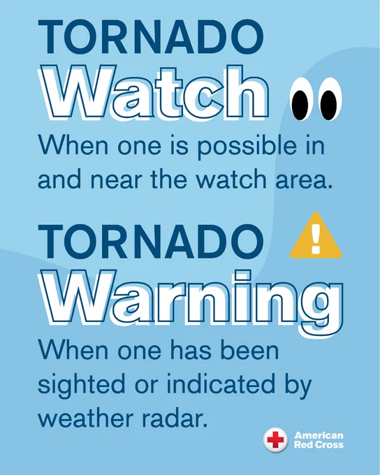Poster distinguishing between a tornado watch and a tornado warning, with an exclamation mark symbol, sponsored by the American Red Cross.