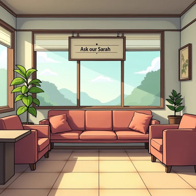 AI-Generated image.  A flat-colour image of a 3-piece suit in a well lit room with 2 large windows.  Hanging above one of the windows is a sign with the text "Ask our Sarah".  The room also contains 2 potted plants, an indistinct picture seen side-on, with tiled flooring.  