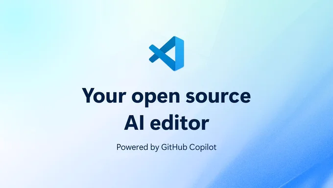 A thumbnail that reads "Your open source AI editor Powered by GitHub Copilot" with the VS Code logo and a blue gradient background
