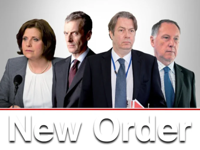 The cast of The Thick Of It over the logo of New Order. Left to right, Rebecca Front, Peter Capaldi, Roger Allam, James Smith.