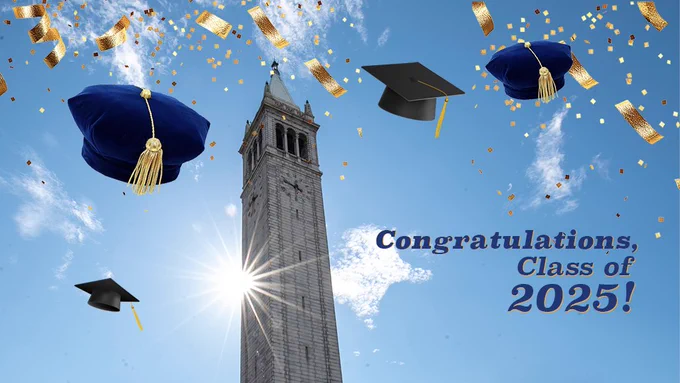 campanile with sun shining behind it and graphical elements include graduation caps and gold confetti with the text reading congratulations class of twenty twenty five
