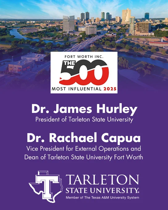Advertisement featuring aerial view of a city with logo reading "Fort Worth Inc. The 500." Text introduces Dr. James Hurley as President of Tarleton State University and Dr. Racheal Capua as Vice President for External Operations and Dean of Tarleton State University Fort Worth. Tarleton State University logo at bottom, noted as a member of The Texas A&M University System.