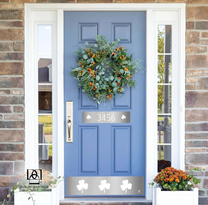 #DECKEDOUT door with shamrock kick plate and address accent plate in satin nickel engraved