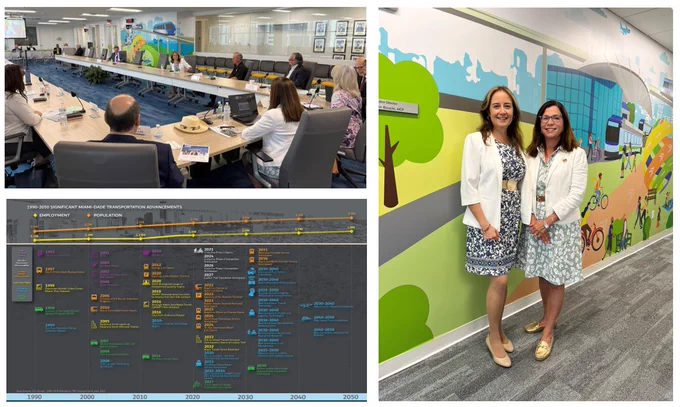Collage of three pictures showing Aileen Bouclé speaking into the microphone during the meeting at the Miami-Dade Transportation Planning Organization conference room, along with eight other presenters seated behind tables at the U-shaped configuration at the top left-hand side; the picture also shows five attendees sitting in an area for the public. The bottom left-hand side picture is of a graphic titled “1990-2050 Significant Miami-Dade Transportation Advancements” and to the right-hand side is a full-body picture of Aileen Bouclé with Isabel Cosio Carballo smiling dressed in professional attire.