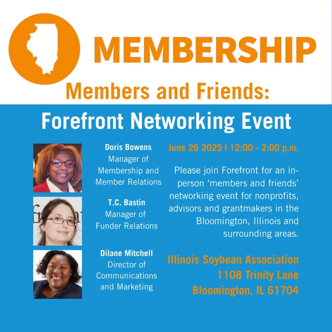 Promotional image for Forefront Networking Event on June 26, 2025 in Bloomington, IL, featuring event details and names of speakers including Doris Bowens, T.C. Bastin, and Dilane Mitchell. 