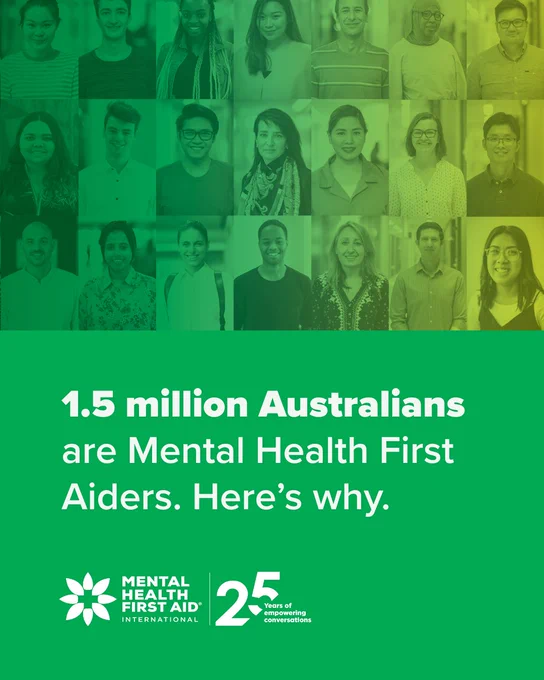 Images of people and text reads '1.5 million Australians are Mental Health First Aiders. Here's why.'