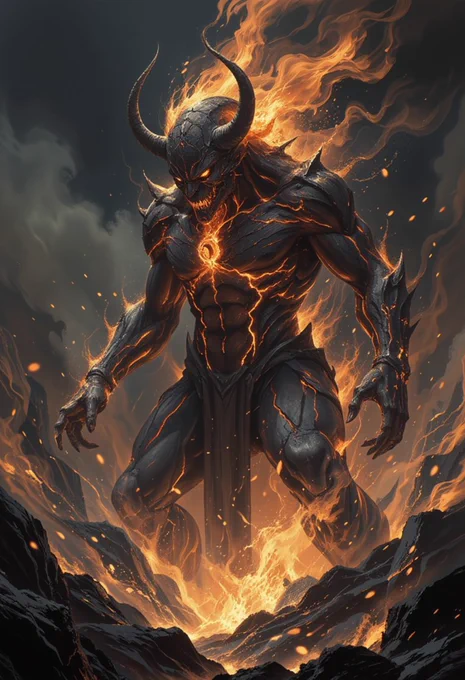 A fearsome demon with horns and a body of molten lava emerges from a fiery landscape, surrounded by flames and smoke