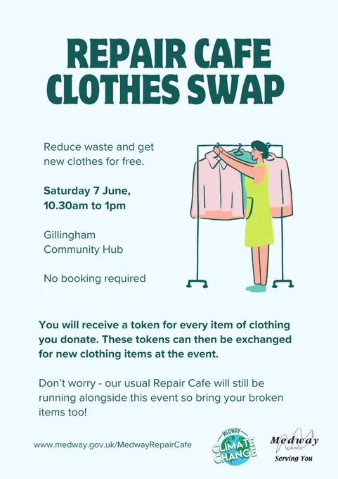Repair cafe clothes swap. Saturday 7 June 10.30-1pm Gillingham community hub 