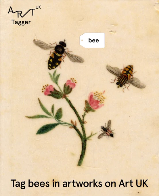 Artwork of bees with a flower, the text reads 'tag bees in artworks on Art UK'