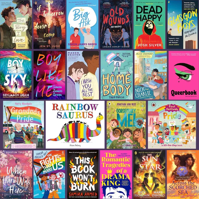 Image shows a selection of children and teen books including The Boy I Love by William Hussey, Rainbowsaurus by Steve Antony, Across The Scorched Sea by Jennifer Hayashi Danns, and Queerbook by Malcom Mackenzie and Emily A. Foster.
