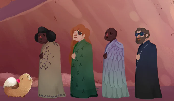 A lovely fluffy dog observes four cloaked figures, all with tired expressions.