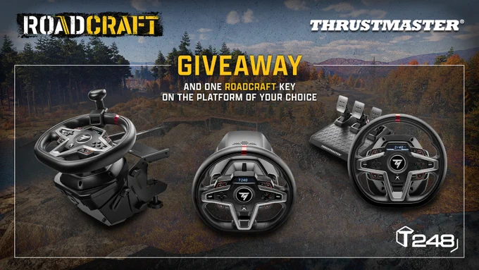 Thrustmaster T248 racing wheel and pedals featured in a giveaway announcement for the game Roadcraft. Background shows a scenic landscape.
