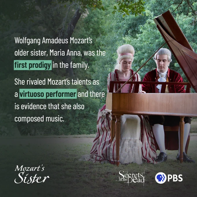 Picture of a man and a woman, in large white wigs, sitting at a piano. Text reads "Wolfgang Amadeus Mozart's older sister, Maria Anna, was the first prodigy in the family. She rivaled Mozart's talents as a virtuoso performer and there is evidence she also composed music."