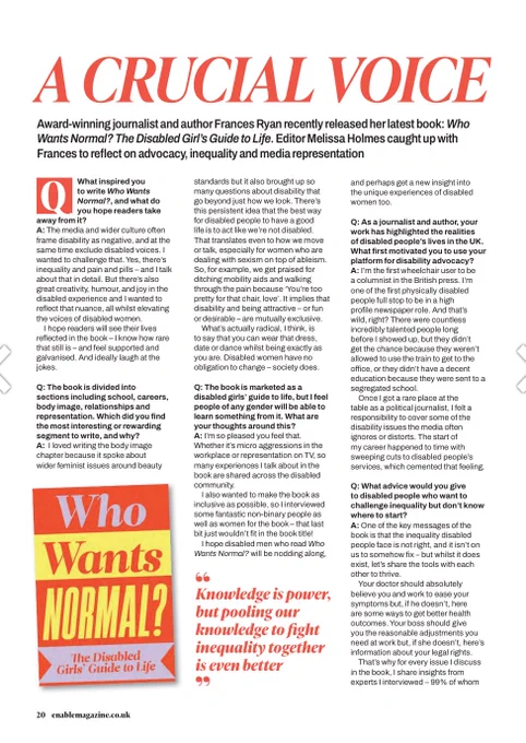 A full page Q and A with the headline: A Crucial Voice. To the left, there’s an image of Who Wants Normal?