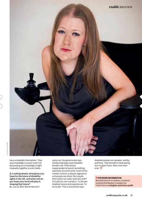A small bit of additional text sits below a large photo of me: a blonde woman in her thirties sitting in a wheelchair wearing a sleeveless taupe dress.