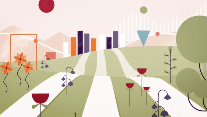 Image shows a screenshot of our investment belief video. It features a landscape with a path and nature leading to buildings.