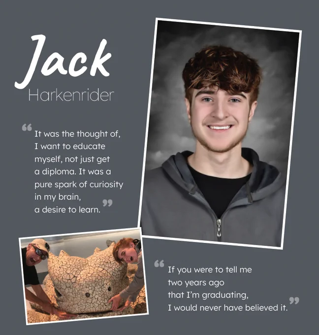Portrait collage of graduate Jack Harkenrider with quotes about his journey and photos showing his personality and growth.