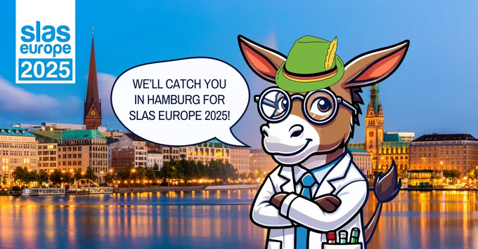 Lab Donkey stands in front of Hamburg’s waterfront skyline at dusk, wearing a Tyrol hat adorned with a ribbon in the colours of the German flag and a small upright feather. His speech bubble reads, "We'll catch you in Hamburg for SLAS Europe 2025!"
In the top left corner is the SLAS Europe 2025 logo. 
