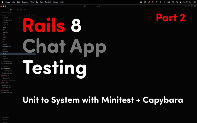 Welcome to Part 2 of my Rails 8 Chat App series!

In this video, I walk you through my complete Rails testing strategy using Minitest, FactoryBot, Capybara, and custom helpers — from unit and controller tests to full system tests.

This isn't just about green dots. 

We’ll explore:
- How I name and structure tests for controllers, models, integration, and system
- Why I use one test per file for system tests (yes, because of <dialog>)
- My custom test helpers for keyboard navigation, focus restoration, and Turbo Streams
- Why I run system tests with a custom find command (not rails test:system)
- How I use flow tests to bridge integration and system levels

Whether you're new to Minitest or refining your test architecture — this walkthrough might give you some new ideas.