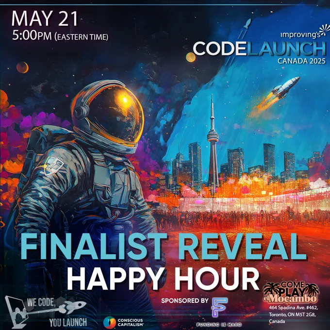 happy hour tech networking event in Toronto on may 21 2025 for startup founders, tech lovers, investors part of toronto tech week 2025 events codelaunch the wildest night of ttw look it up.