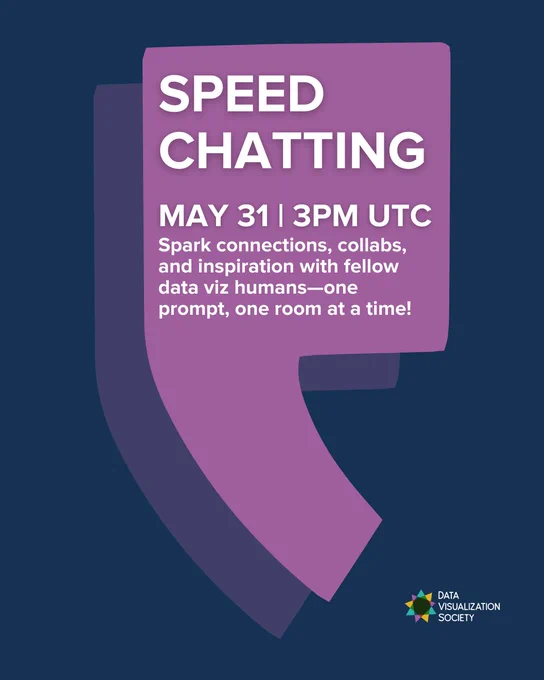 Graphic with text and a quotation mark illustration advertising a data viz speed chatting event on May 31 at 3pm UTC.