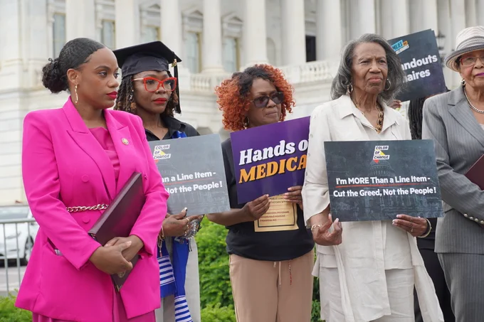 Reps. Summer Lee and Alma Adams join Color of Change leaders and advocates for a press conference. 