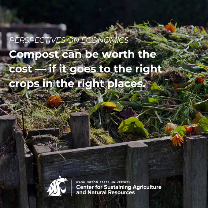 A compost bin with food scraps and the words "compost can be worth the cost - if it goes to the right crops in the right places."