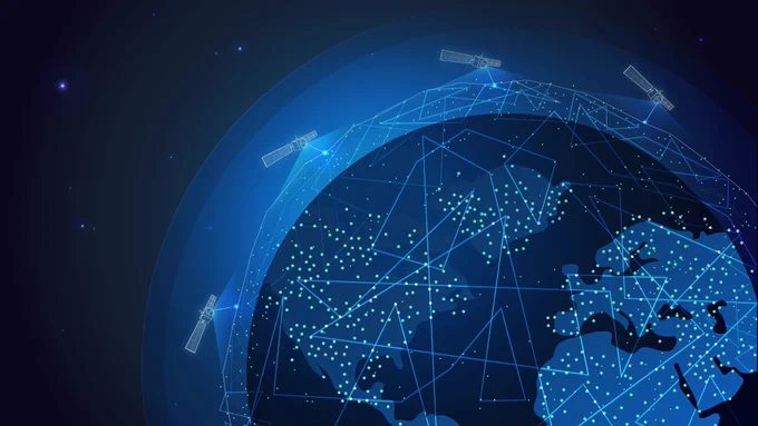 An artist's rendering of what a commercial relay network in low Earth orbit could look like. The colors scale blue, grey, white, and black. In the bottom right corner, the Earth is shown with white dots to indicate activity. Relay satellites hover "above" Earth. 