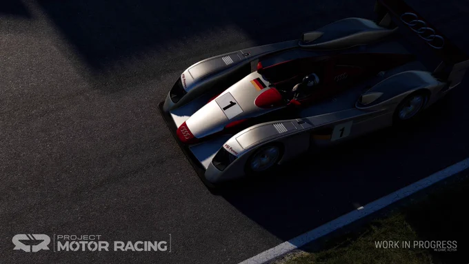 Image from a alpha build of the video game Project Motor Racing where a 2002 Audi R8 race car speeds through a race circuit while half covered by shadows.