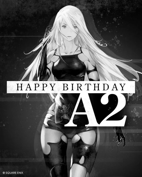A black and white graphic featuring art of A2 from Nier: Automata. The text says "Happy birthday A2"