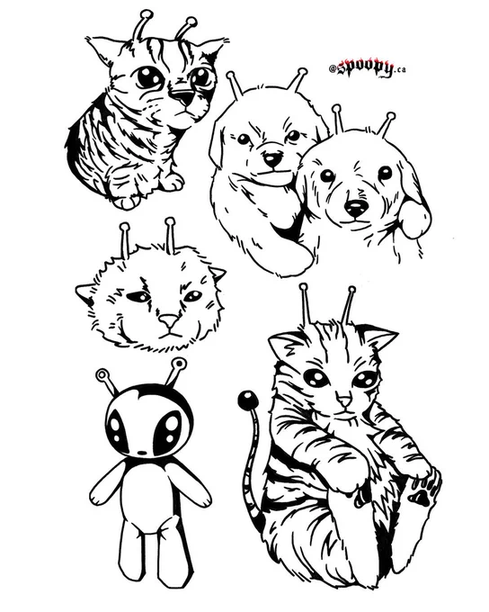 blackwork alien tattoo flash by spoopy
rough sizing (inches):
👽 top left glorp 3.5''
👽 doggie friends 4''
👽 CLASSIC GLORP 2.5''
👽 ikea alien 3.5''
👽 alien kitten glorp 4.5''