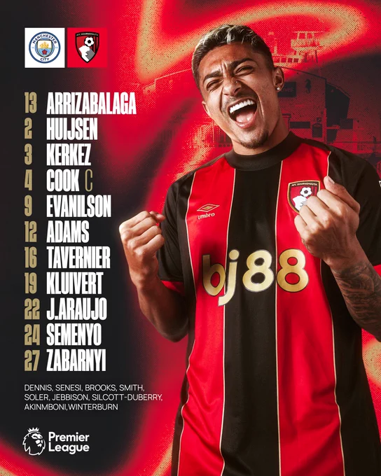 AFC Bournemouth: Arrrizabalaga, Huijsen, Kerkez, Cook, Evanilson, Adams, Tavernier, Kluivert, Araujo, Semenyo, Zabarnyi. 

Subs: Dennis, Senesi, Brooks, Smith, Soler, Jebbison, Silcott-Duberry, Akinmboni, Winterburn. 