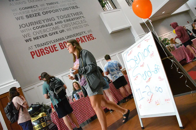 Senior Send-Off sign in a hallway