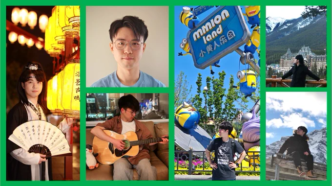 A collage of photos of Frank Li: (1) Frank in traditional clothing in Henan province, China; (2) headshot of Frank; (3) Frank playing the guitar; (4) Frank visiting Minion Land, part of Universal Studios Beijing; (5) Frank in front of the Banff Springs Hotel, in Alberta, Canada; (6) Frank in the mountains near Banff, Alberta, Canada.