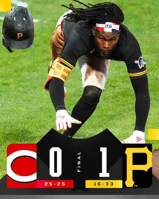 Final: Reds 0 (25-25), Pirates 1 (16-33)
Pictured: Oneil Cruz dives toward home plate. He is wearing a black alternate Pirates uniform. His black helmet is in the upper left corner.